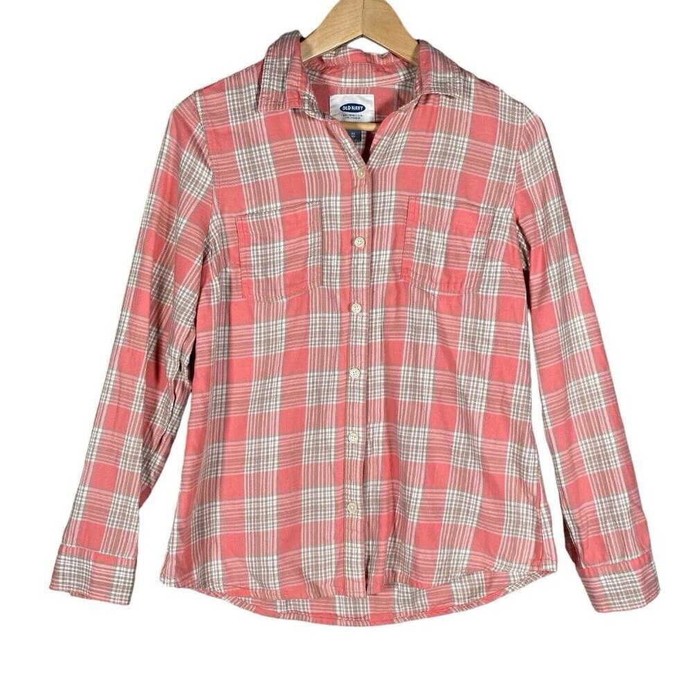 Old Navy Boyfriend Flannel Shirt Women's XS Pink Plaid Long Sleeve Button Down